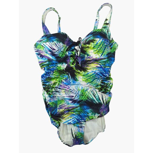 Torrid sz 1 One Piece Front Tie Tankini Swimsuit Tropical Palm Print Women 14/16 - Picture 1 of 9